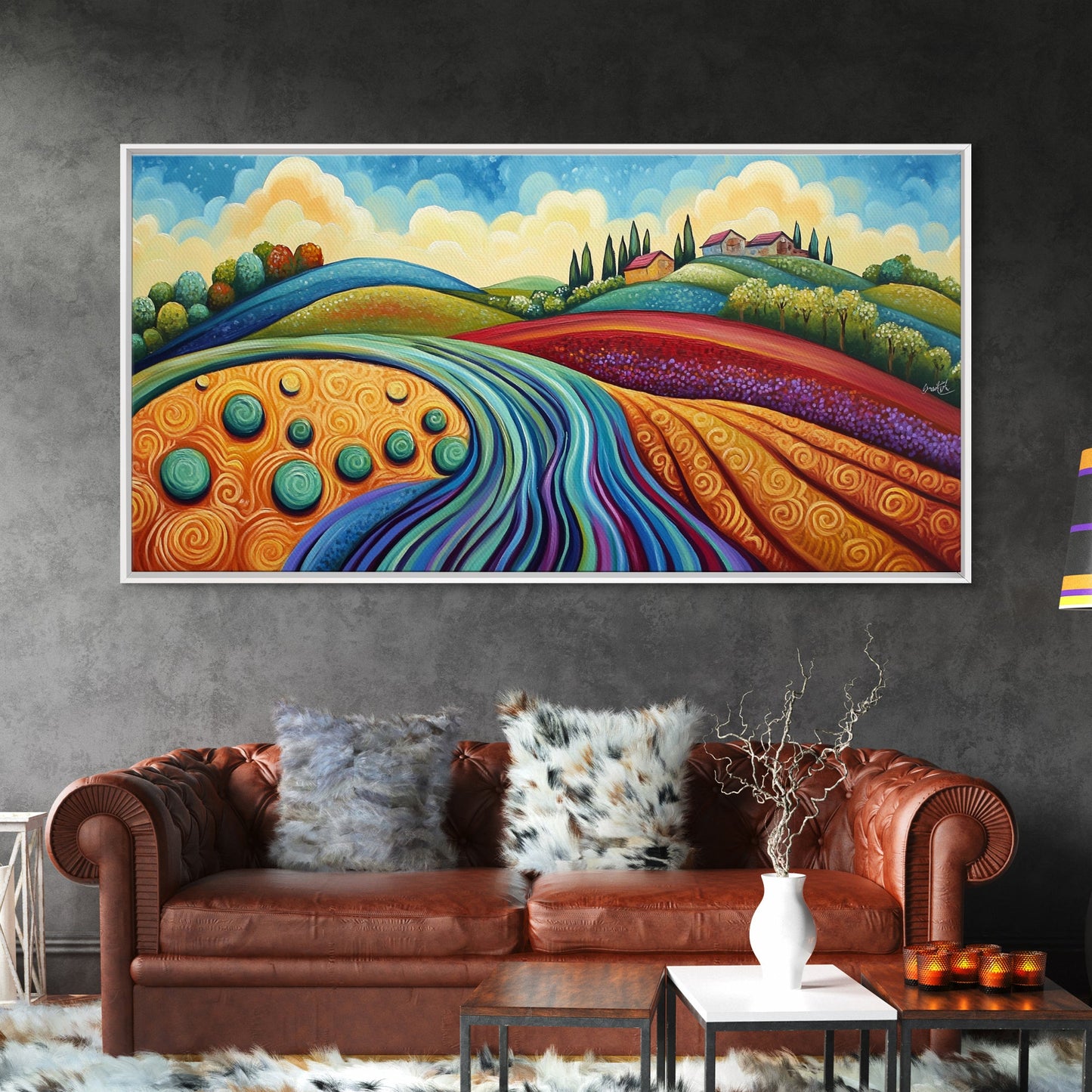 Whimsical Hills, rolling landscape, colorful fields, abstract nature, bold painting, extra wide art, Framed Canvas Print, rustic art