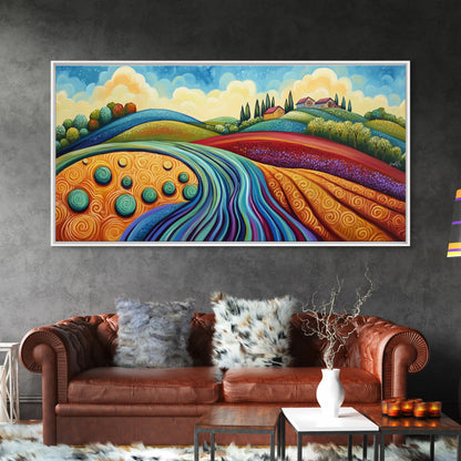 Whimsical Hills, rolling landscape, colorful fields, abstract nature, bold painting, extra wide art, Framed Canvas Print, rustic art