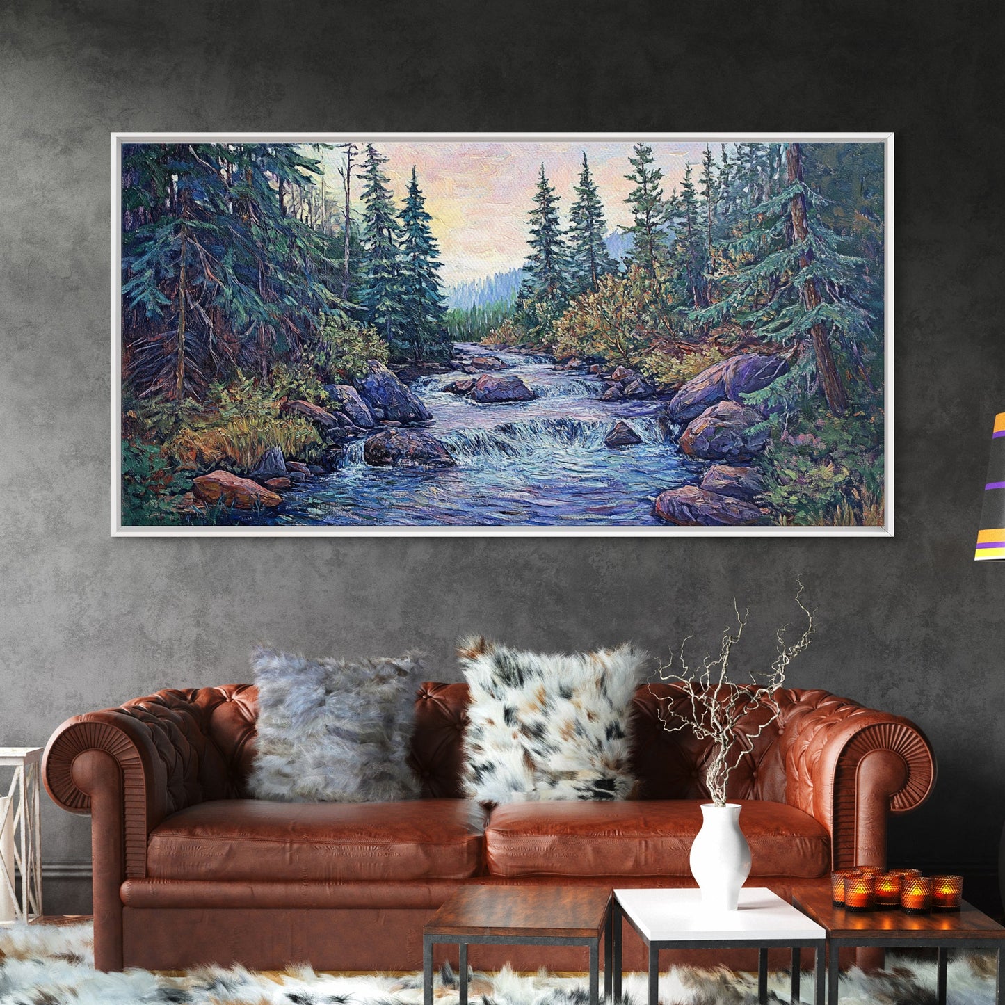Forest River Scene, pine tree art, mountain painting, landscape painting, smoky mountain art, rustic decor, Framed Canvas Print