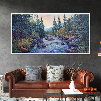 Forest River Scene, pine tree art, mountain painting, landscape painting, smoky mountain art, rustic decor, Framed Canvas Print