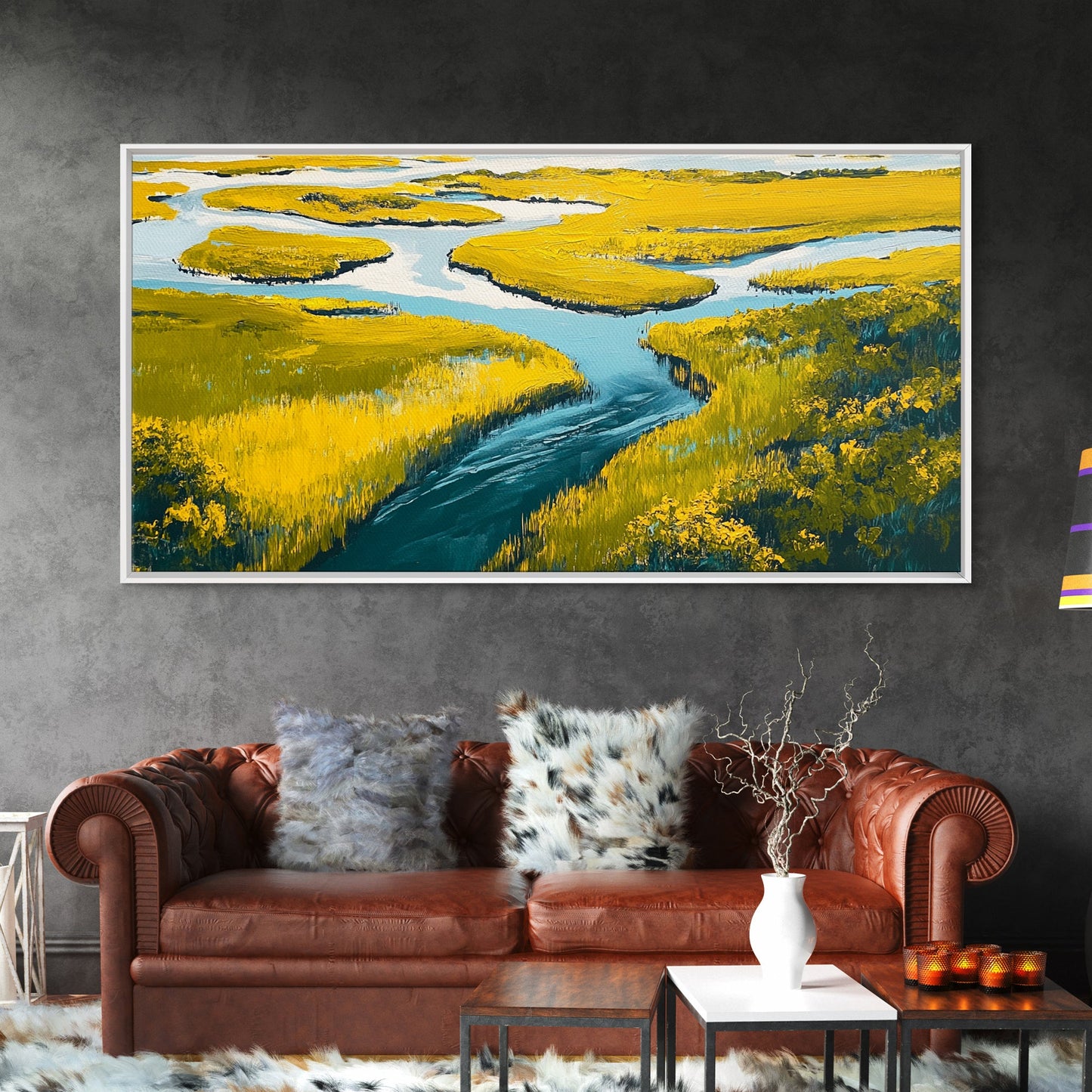 Marshland Landscape, marsh painting, landscape painting, above sofa art, extra wide art, panoramic art, Framed Canvas Print