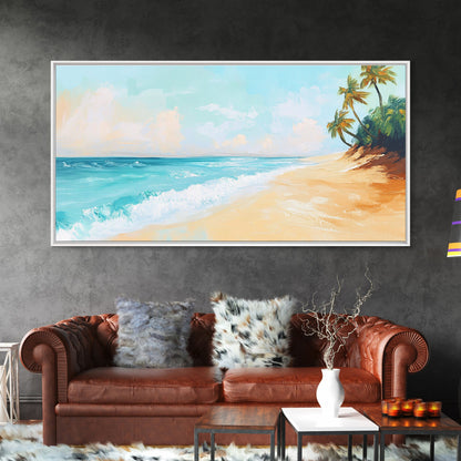 Tropical Beach, Coastal Landscape Art, Nautical Decor, Coastal Cowgirl Wall Art, Framed Canvas Print, Blue and Green Wall Art