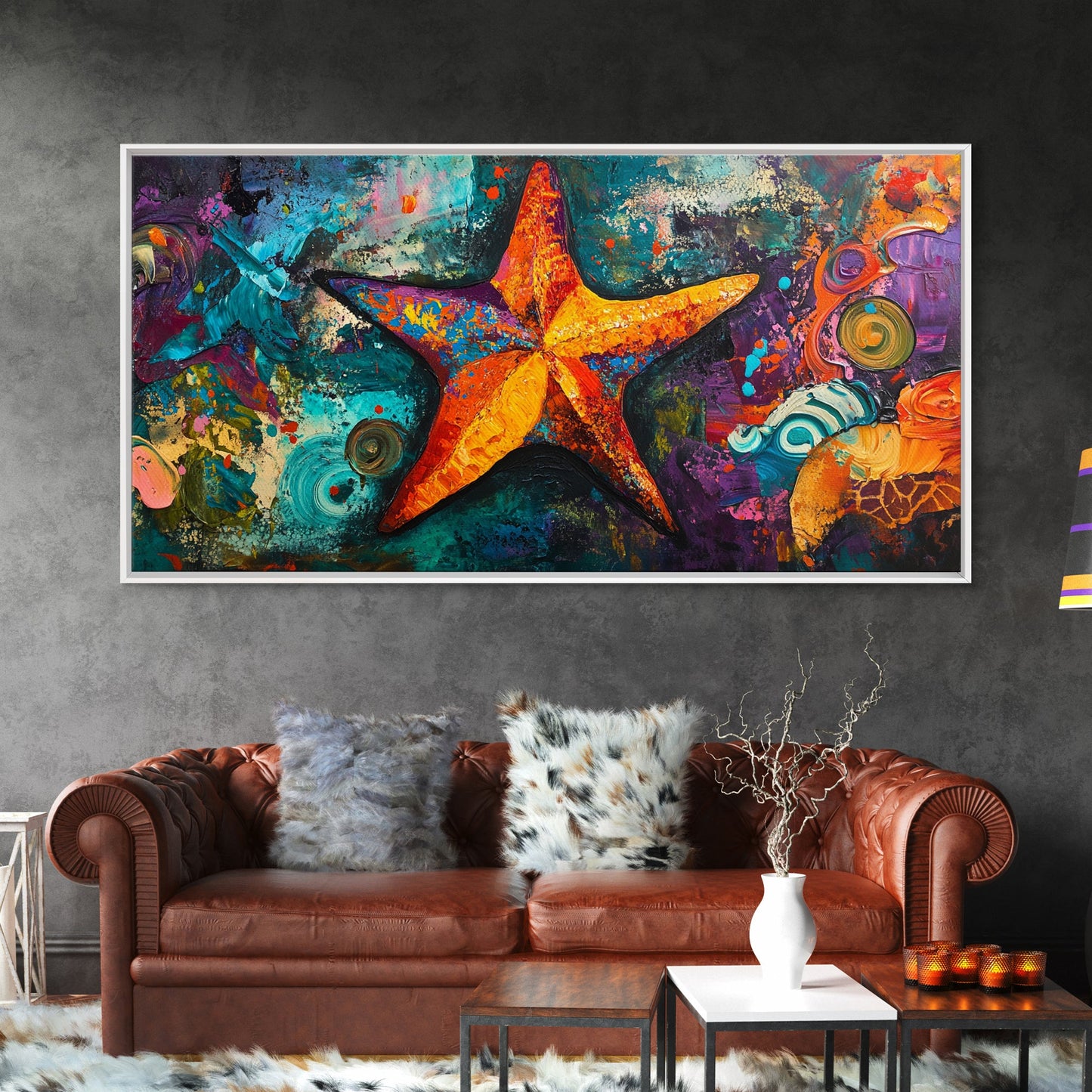 Vibrant starfish, coastal abstract, nautical decor, framed canvas print, ocean painting, coastal painting, whimsical art