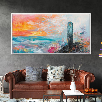 Sunset Over Ocean, pink orange wall art, coastal wall art, abstract seascape, vibrant landscape painting, Framed Canvas Print