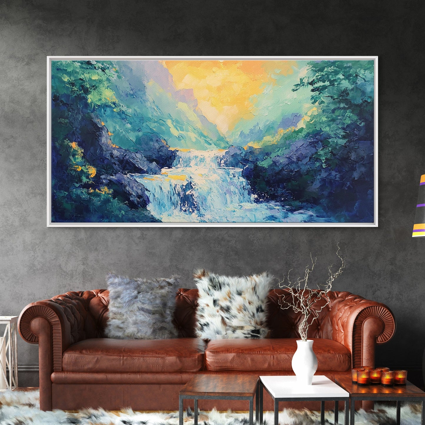 Waterfall Painting, Canvas Print, mountain painting, extra wide painting, nature landscape art, panoramic art, bedroom wall art