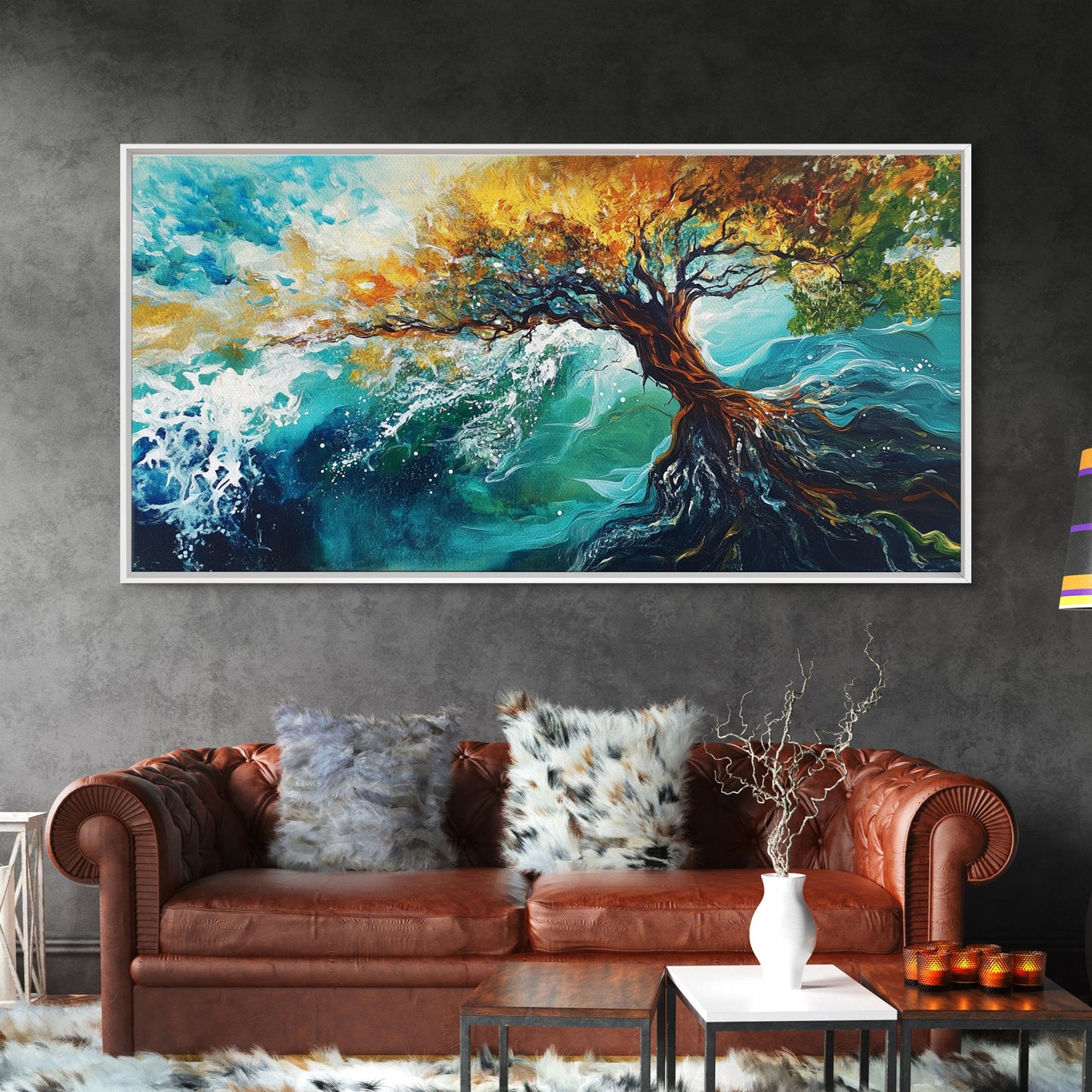Tree in Waves, Canvas Print, coastal landscape art, wabi sabi art, extra wide painting, ocean painting, panoramic wall art