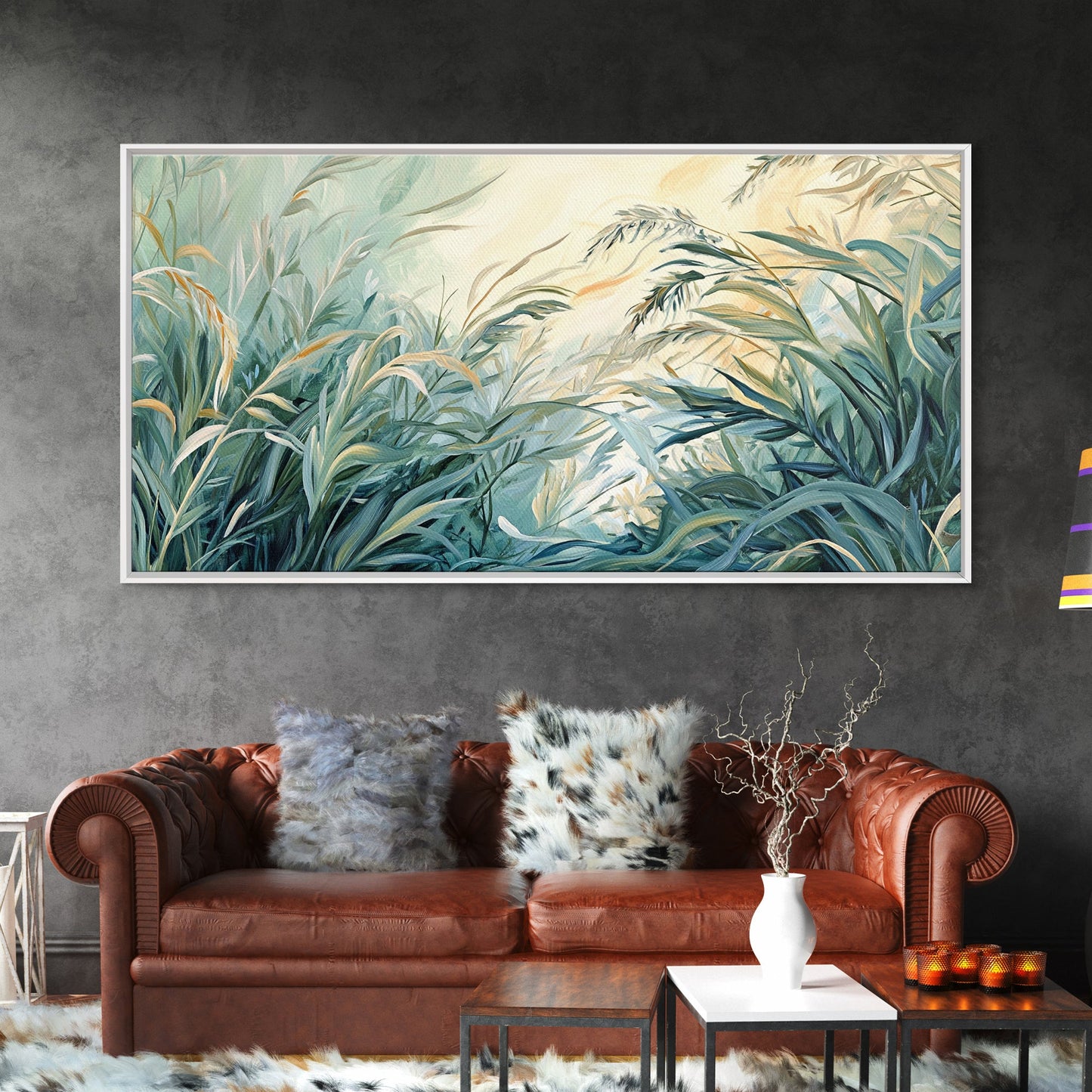 Green grass, warm light, Canvas Print, wabi sabi wall art, sage green wall art, botanical prints, extra wide art, minimalist art