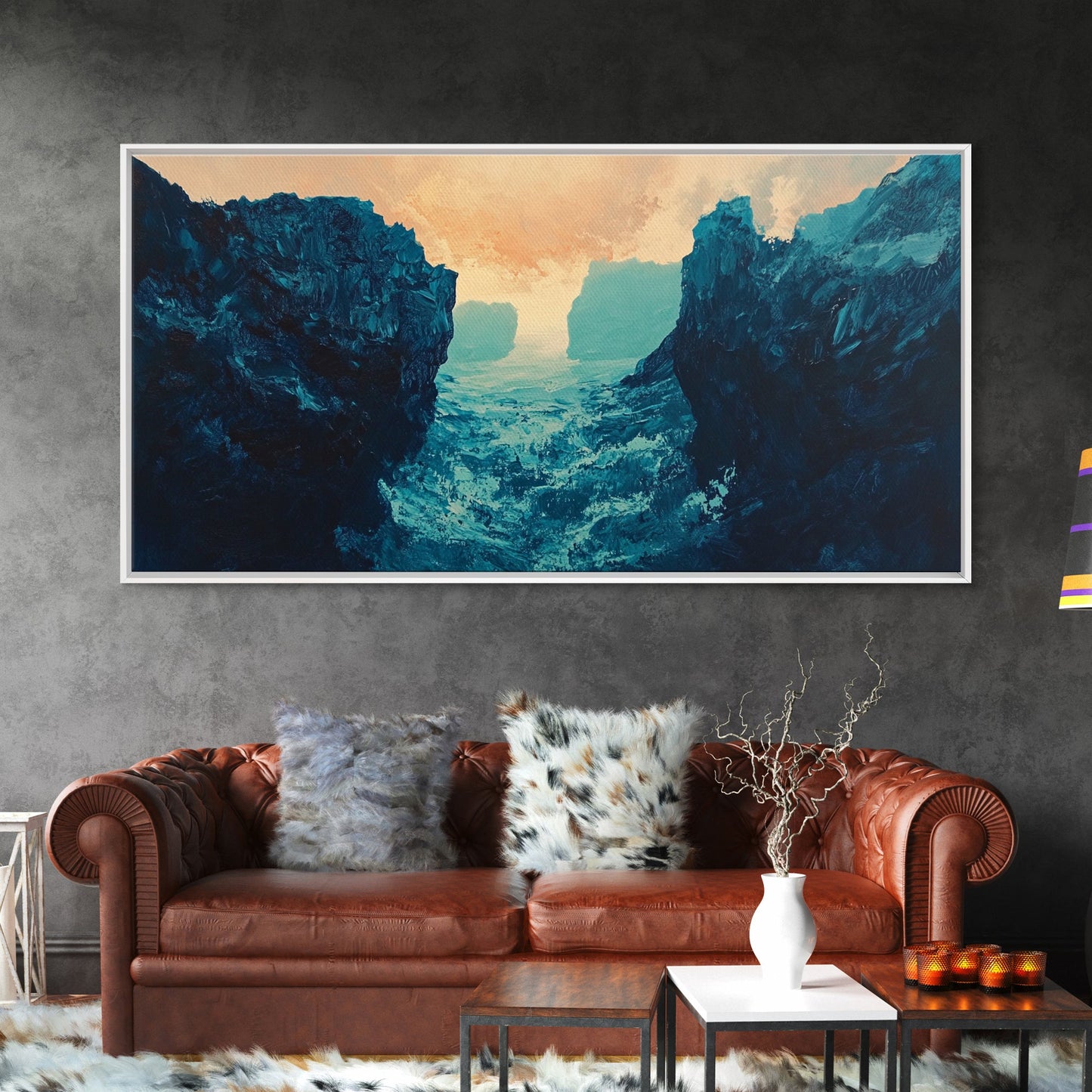 Moody Landscape, dramatic canyon, abstract oil painting, blue and green wall art, panoramic art, Framed Canvas Print, extra wide art