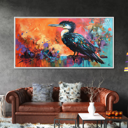 Colorful Bird, bird art, whimsical art, teal wall art, abstract wildlife painting, vibrant decor, boho art, Framed Canvas Print