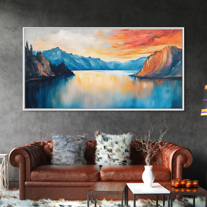 Mountain Lake Painting, Landscape Art, Lake Tahoe Art, Smoky Mountain Art, Rustic Decor, Sunset Wall Art, Extra Wide Art, Framed Canvas Print