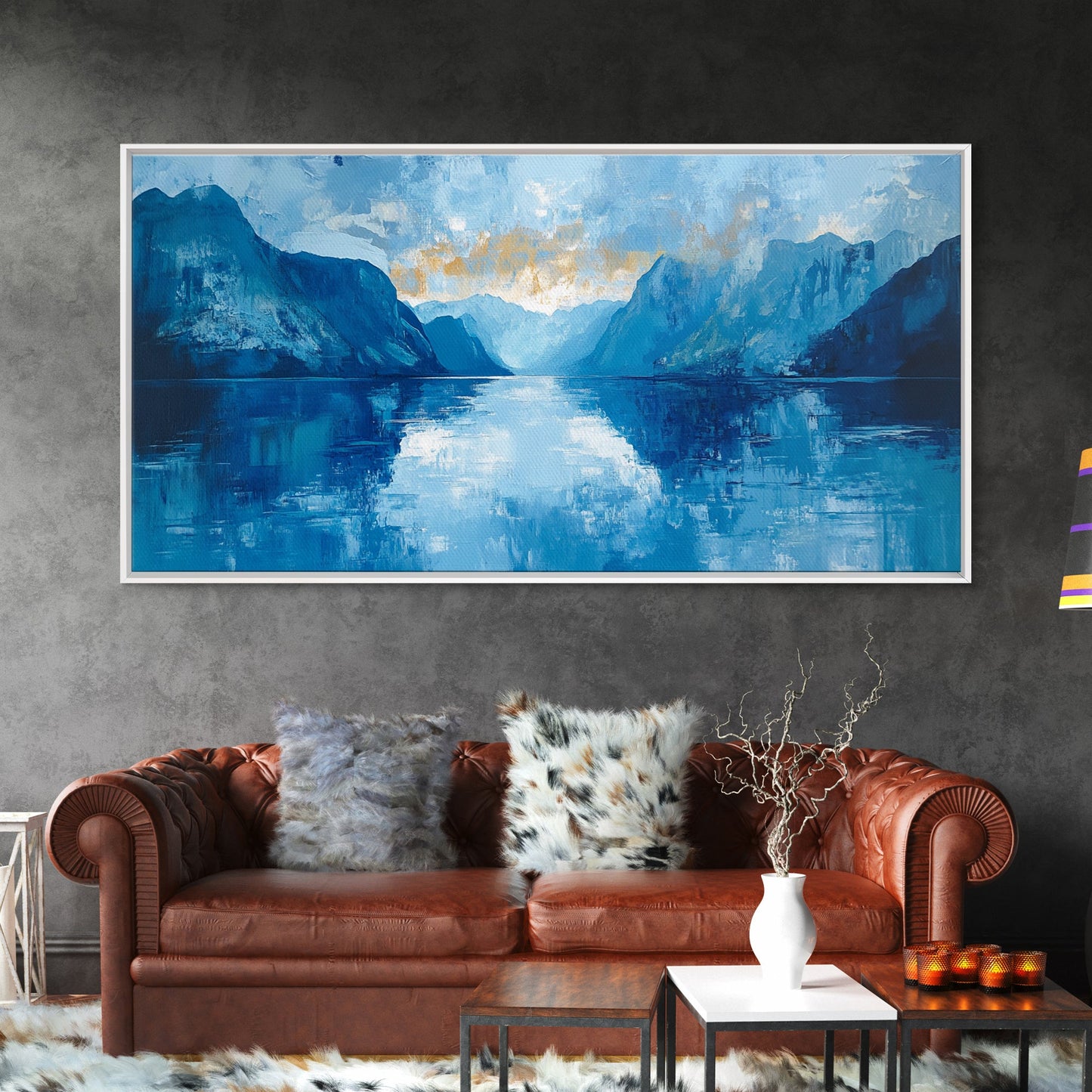 Fjord Painting, Blue and Green Wall Art, Lake Tahoe Art, Nautical Wall Art, Extra Wide Art, Panoramic Painting, Framed Canvas Print