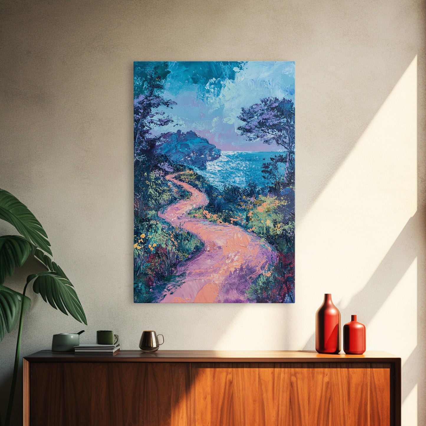 Twilight Coastal Path Canvas Print Impressionist Seascape Wall Art, Romantic Sunset Painting, Beach House Decor, Ocean Artwork