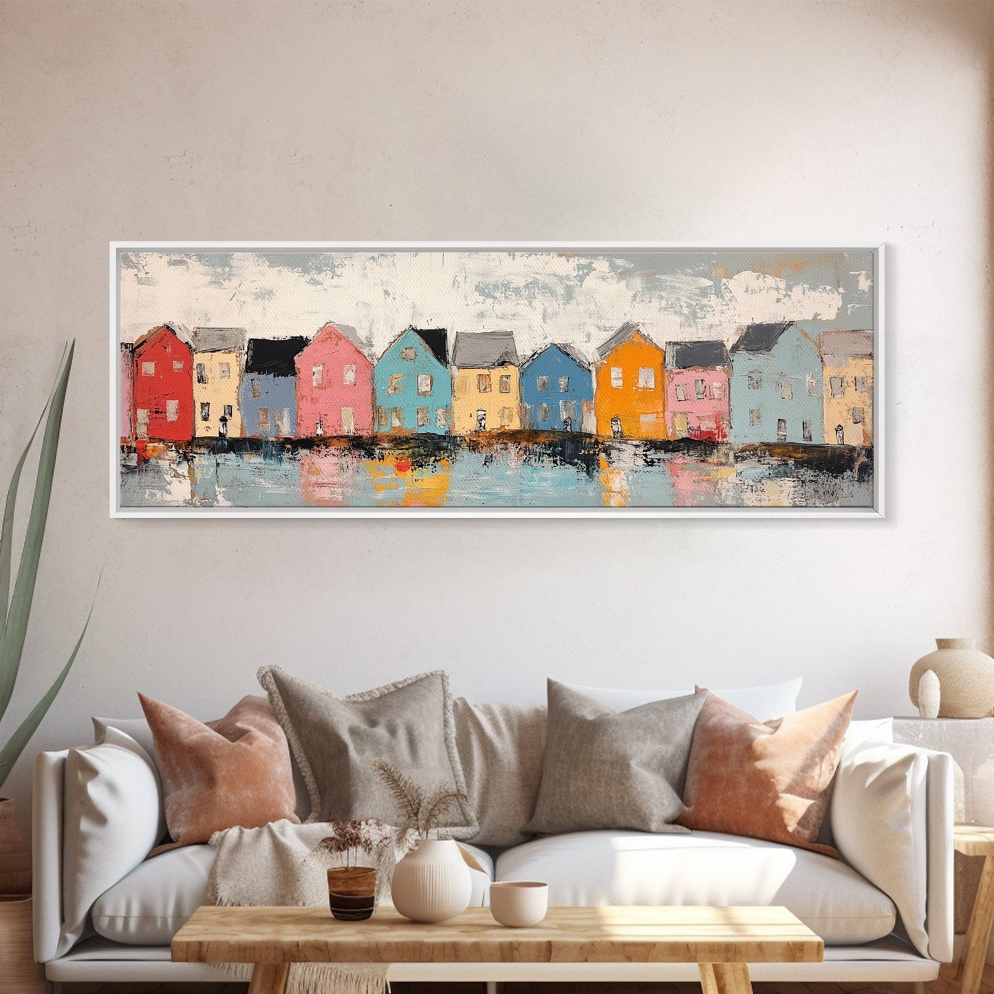 Coastal Village Houses Framed Canvas Print Colorful Seaside Town Painting Rustic Home Wall Art Nautical Decor Large Wall Art