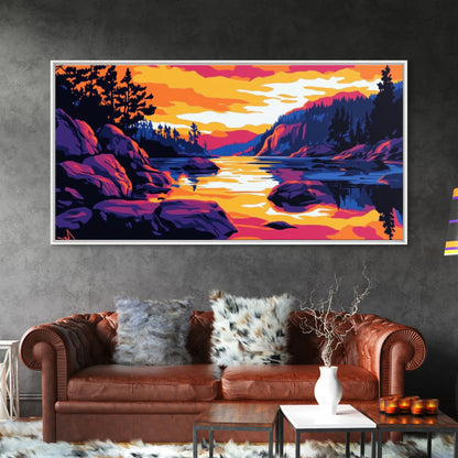 Golden Sunset, Rocky River, Mountain Reflection, Canvas Print, Rustic Lodge Wall Art, Autumn Home Decor, Warm Nature Painting, Colorful Art