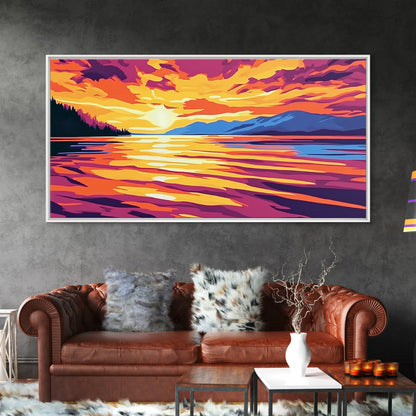 Sunset Glow, Serene Lake Reflection, Mountain Landscape Art, Vibrant Sky Painting, Framed Canvas Print, Office Wall Decor, Modern Home Art