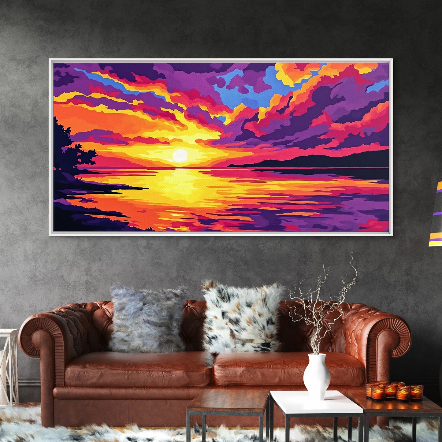 Dramatic Beach Sunset, Vibrant Sky Art, Colorful Coastal Print, Bold Nature Painting, Modern Home Wall Decor, Framed Canvas Print