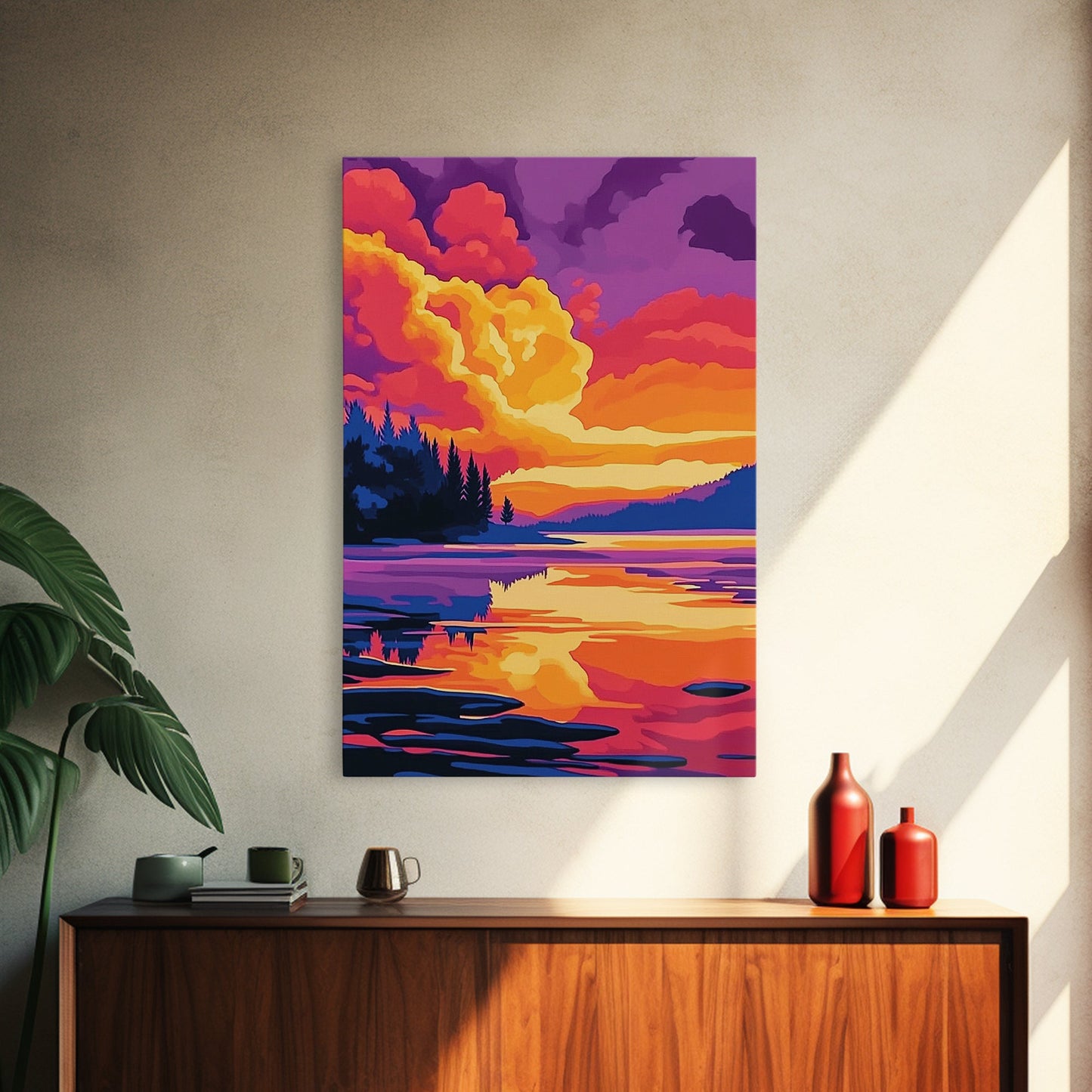 Tranquil Lake, Vibrant Sunset, Reflection Art, Serene Scene, Framed Canvas Print, Living Room Wall Art, Nature Decor, Landscape Painting