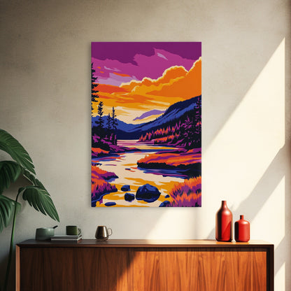 Sunset Lake Art, Colorful Nature Painting, Vibrant Landscape Canvas Print, Cabin Wall Decor, Rustic Home Art, Autumn Boho Wall Art