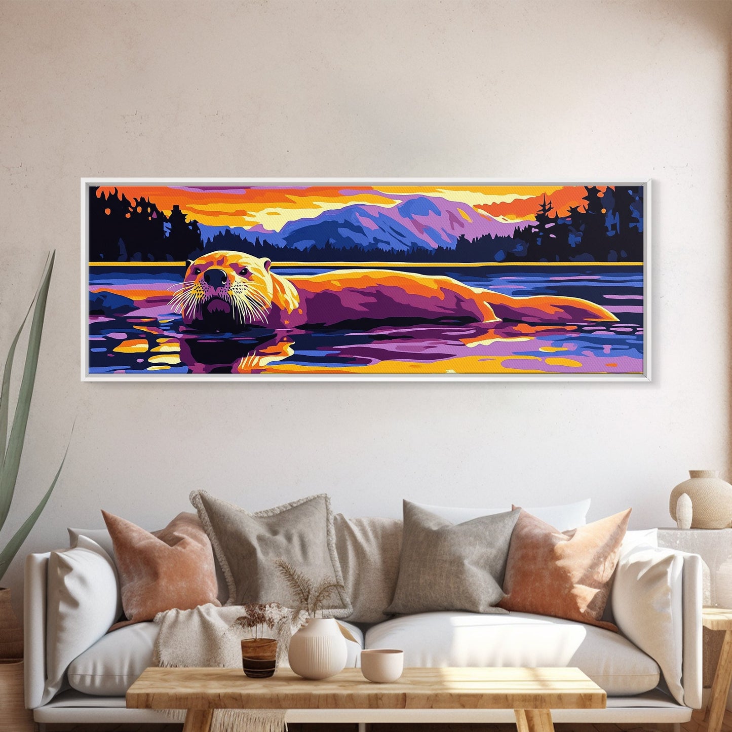 Otter Painting, Wildlife Wall Art, Nature Print, Framed Canvas Print, Rustic Home Decor, Colorful Animal Art, Boho Art, Fall Vibes