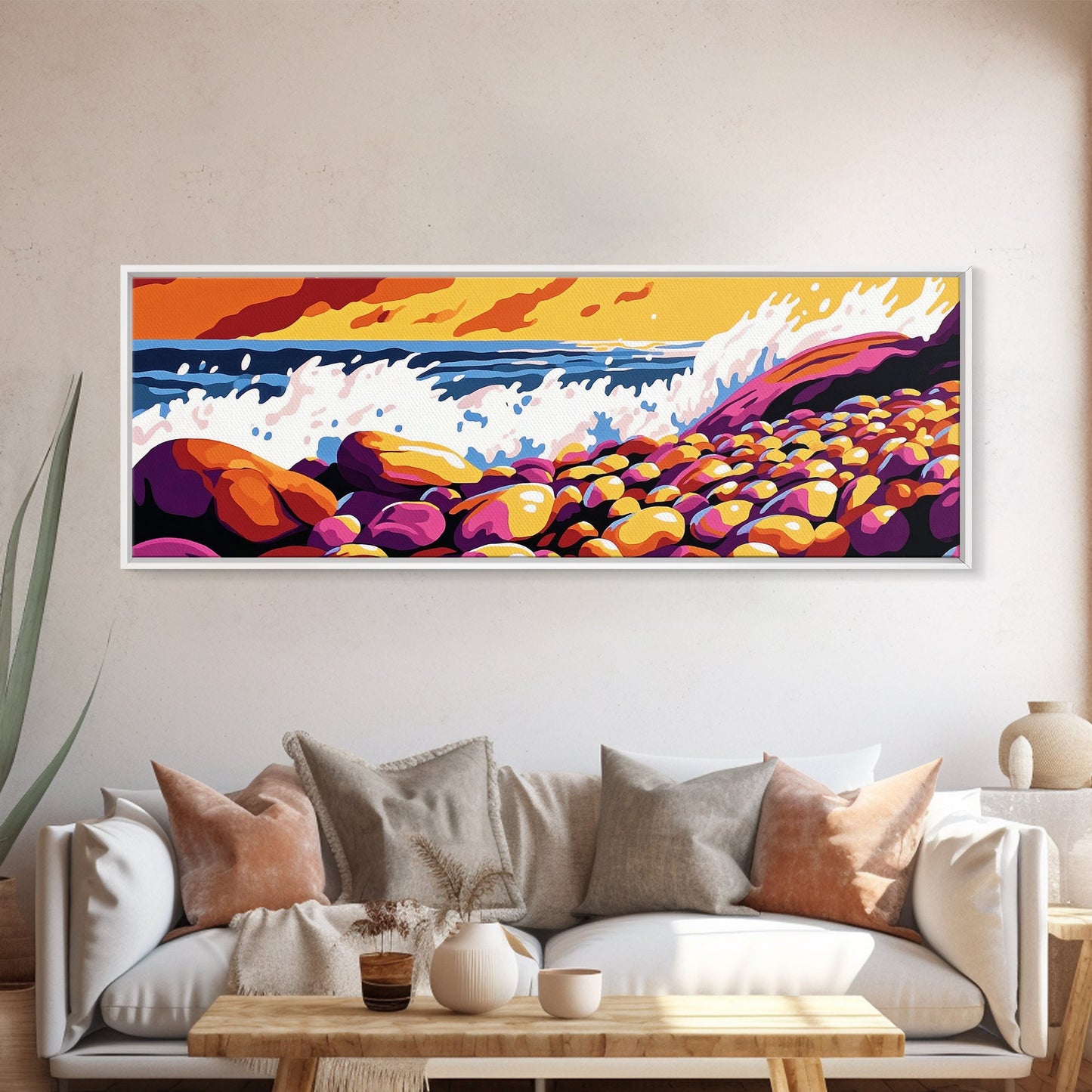 Ocean Waves, Rocky Shore, Coastal Landscape, Framed Canvas Print, Nautical Wall Art, Beach House Decor, Vibrant Seascape, Living Room Art