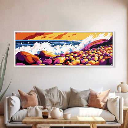 Ocean Waves, Rocky Shore, Coastal Landscape, Framed Canvas Print, Nautical Wall Art, Beach House Decor, Vibrant Seascape, Living Room Art