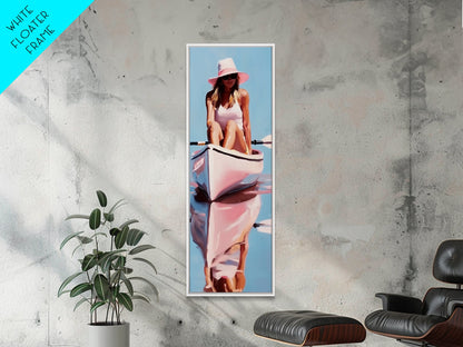 Woman in Kayak, Summer Adventure Art, Coastal Minimalist Painting, Ocean Escape Decor, Outdoor Lover Gift, Framed Canvas Print