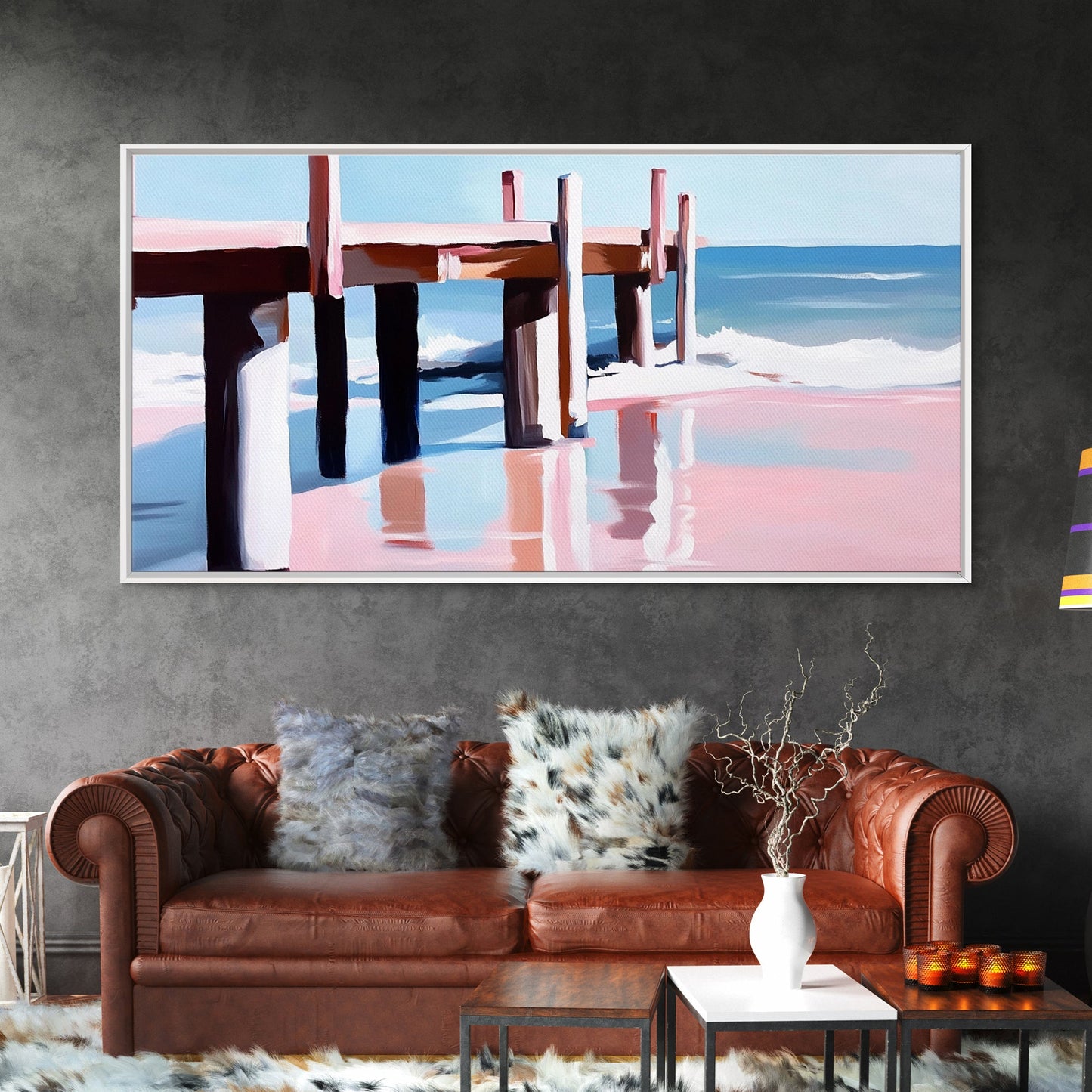 Beach Pier Painting, Coastal Ocean Scene, Nautical Seascape Art, Minimalist Modern Aesthetic, Relaxing Summer Wall Decor, Canvas Print