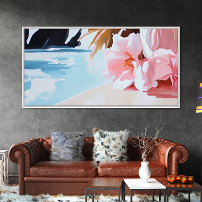 Blossom Beach, Floral Seascape, Coastal Art, Pastel Wall Decor, Living Room Art, Canvas Print, Minimalist Nature Painting, Tranquil Artwork