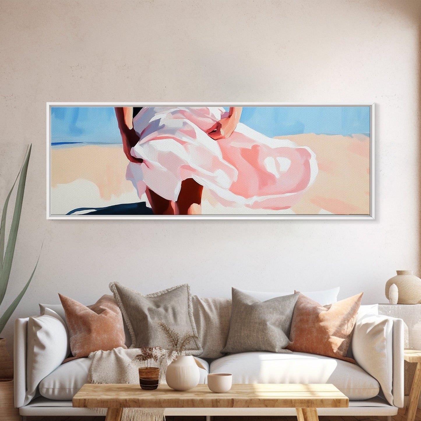 Flowing Dress, Windy Beach, Coastal Summer Art, Framed Canvas Print, Minimalist Boho Decor, Ocean Wall Artwork, Seaside Aesthetic