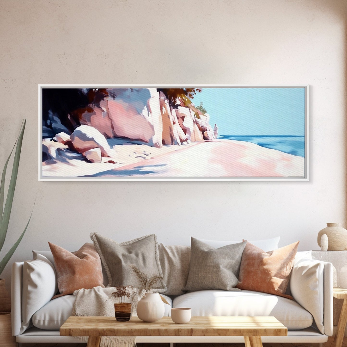 Cliffside Walk, Coastal Landscape Art, Peaceful Beach Scene, Nature Painting, Seaside Decor, Framed Canvas Print, Living Room Wall Art