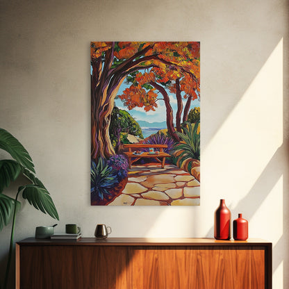 Autumn Table, Garden Path, Scenic View, Framed Canvas Print, cozy fall art, rustic decor, nature painting, Dining Room Wall Art