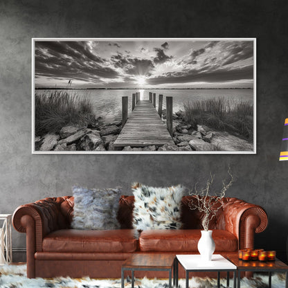 Rustic Dock Sunset, Lakehouse Art, Black White Landscape, Framed Canvas Print, Country Home Decor, Cabin Wall Art, Lakeside Tranquility