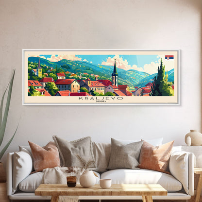 Kraljevo Serbia Panoramic Travel Poster, Framed Canvas Print or Metal Wall Art, Travel Art, Home Decor, Panoramic Painting, Midcentury Art
