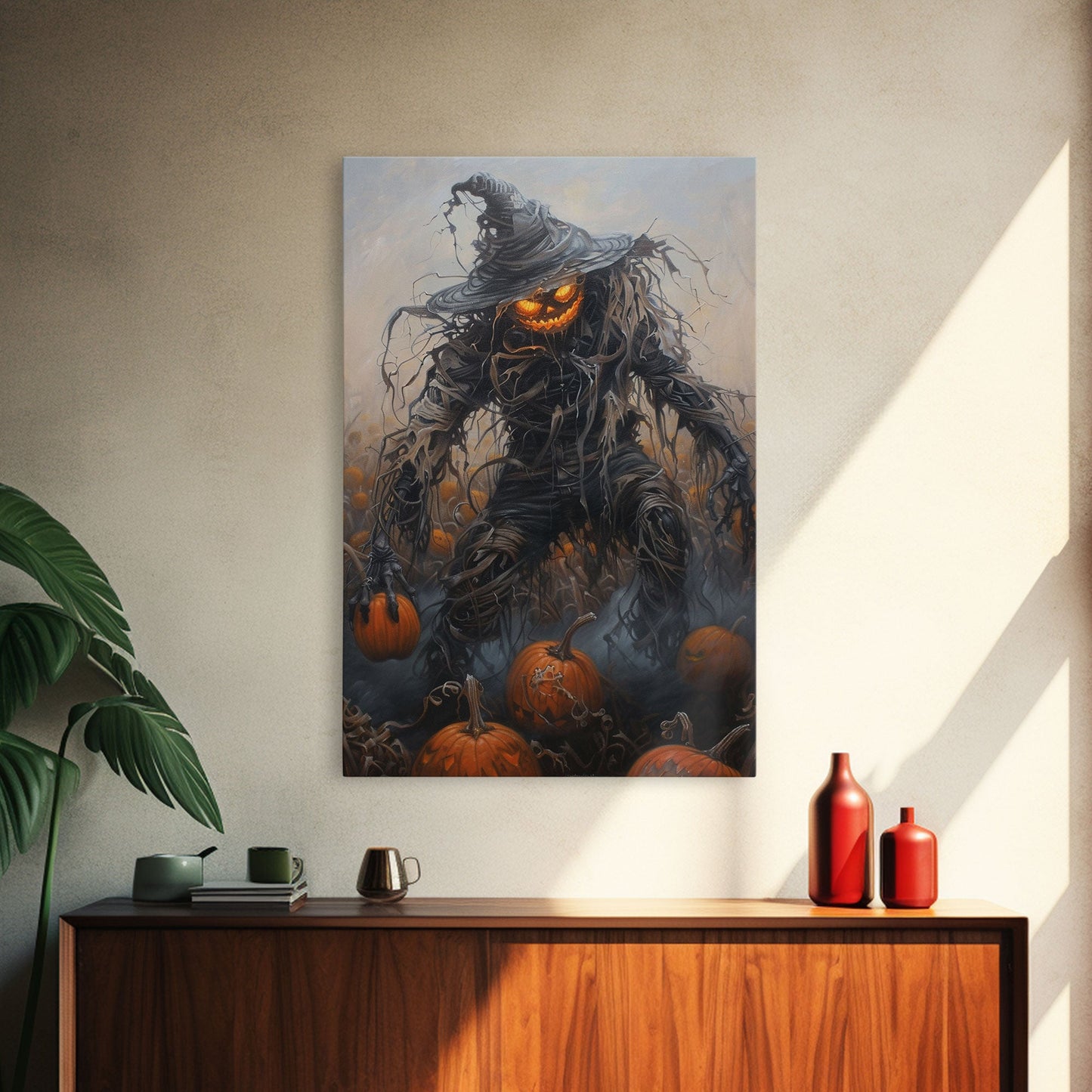 Haunting Scarecrow Holding Pumpkin in Misty Field | Halloween Wall Art | Spooky Home Decor | Creepy Scarecrow Painting | Framed Canvas Print