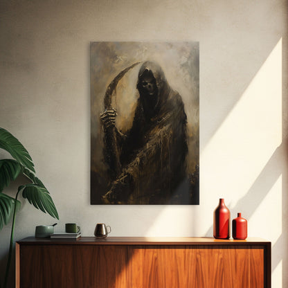 Haunting Grim Reaper with Scythe - Dark Halloween Nightmare Gothic Art Framed Canvas Print, Spooky Wall Decor