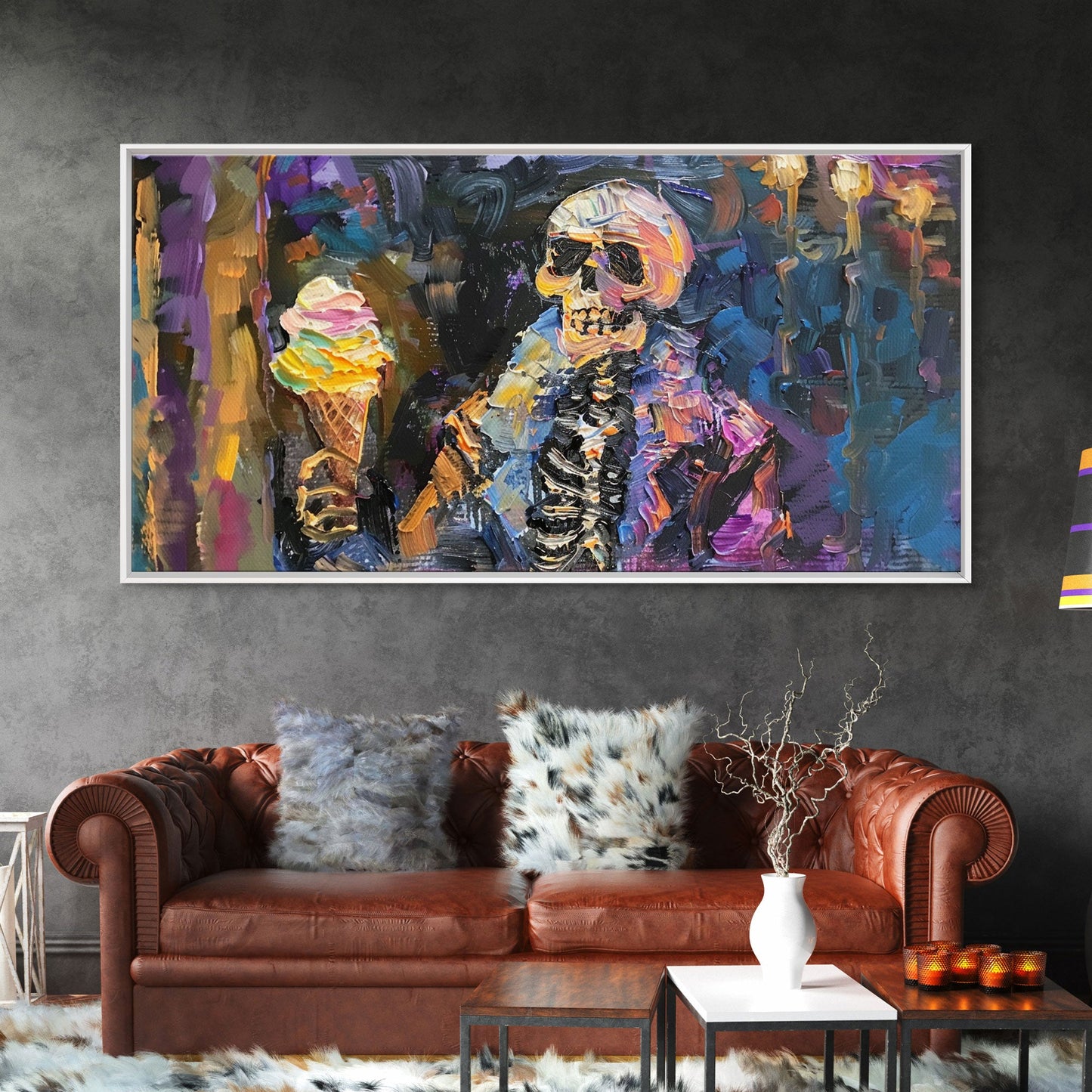 Halloween Art, Skeleton Having an Ice Cream Cone, Framed Canvas Print, Halloween Decor