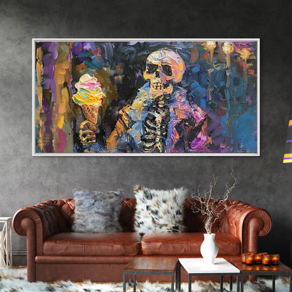 Halloween Art, Skeleton Having an Ice Cream Cone, Framed Canvas Print, Halloween Decor