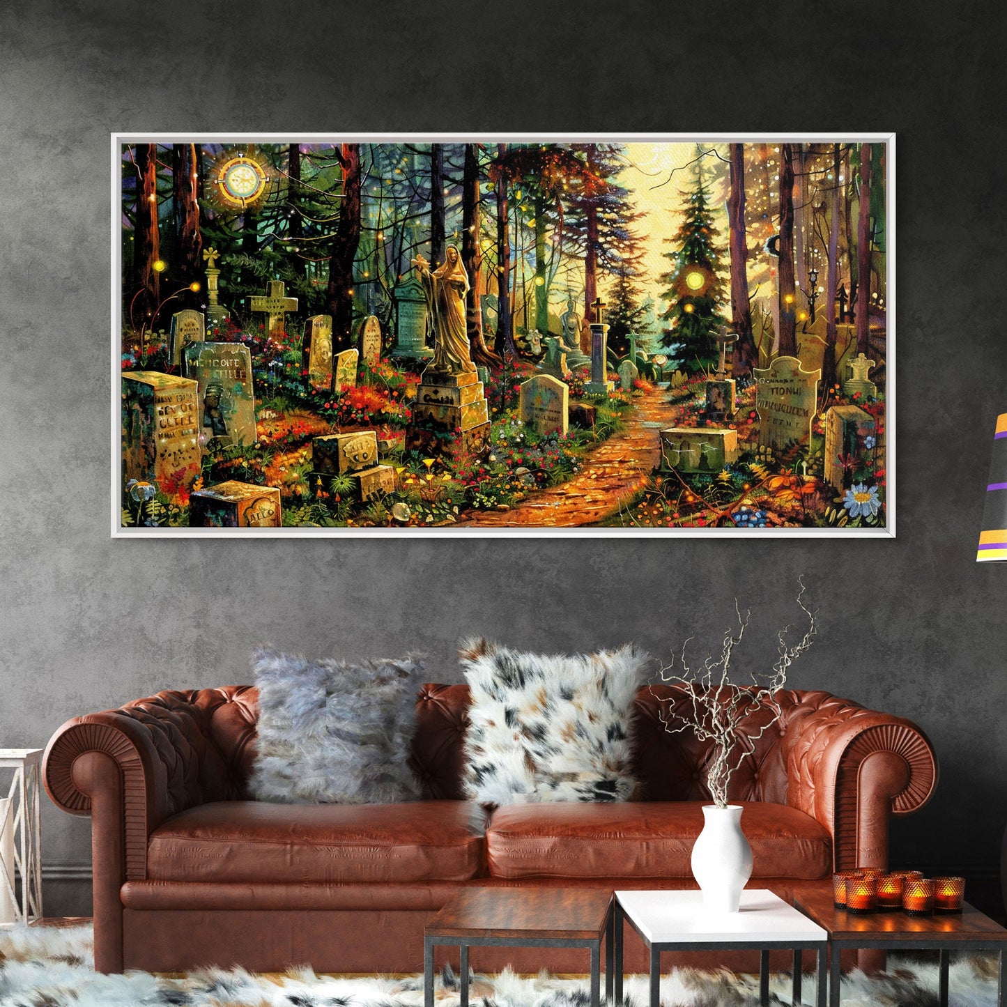 Colorful Haunted Grave Yard In The Spring Time, Framed Canvas Print, Spooky Wall Art, Halloween Spooky Season Decor