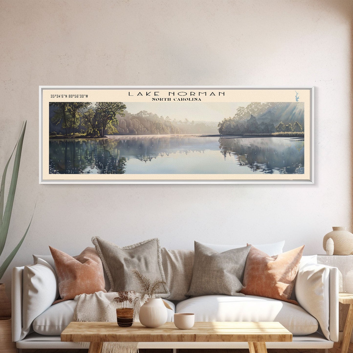 Lake Norman North Carolina Framed Canvas Print, Lake House Decor, Panoramic Wall Art, Travel Poster, Scenic Landscape Painting, Contemporary Art