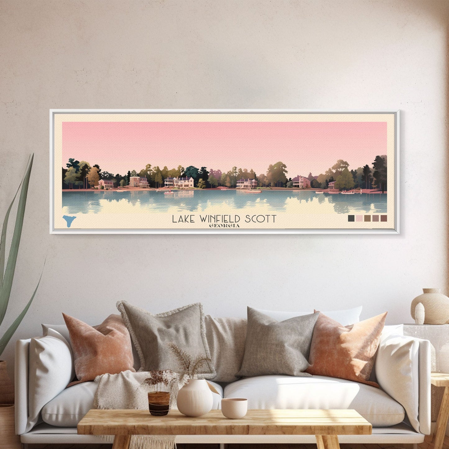 Lake Winfield Scott, Georgia Panoramic Wall Art Framed Canvas Print, Midcentury Modern, Pop Art, Home Decor, Travel Poster, Living Room Art