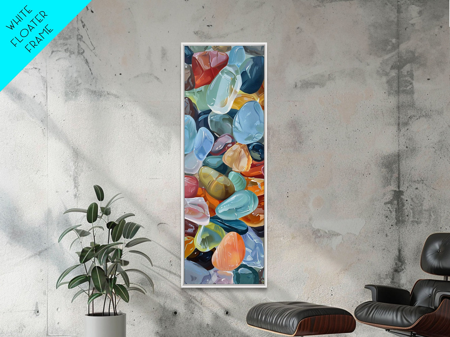 Colorful Textured Canvas Painting of Glass Rocks, Nature Art Print for Living Room, Oversized Canvas Art, Narrow Wall Art Print, Modern Art