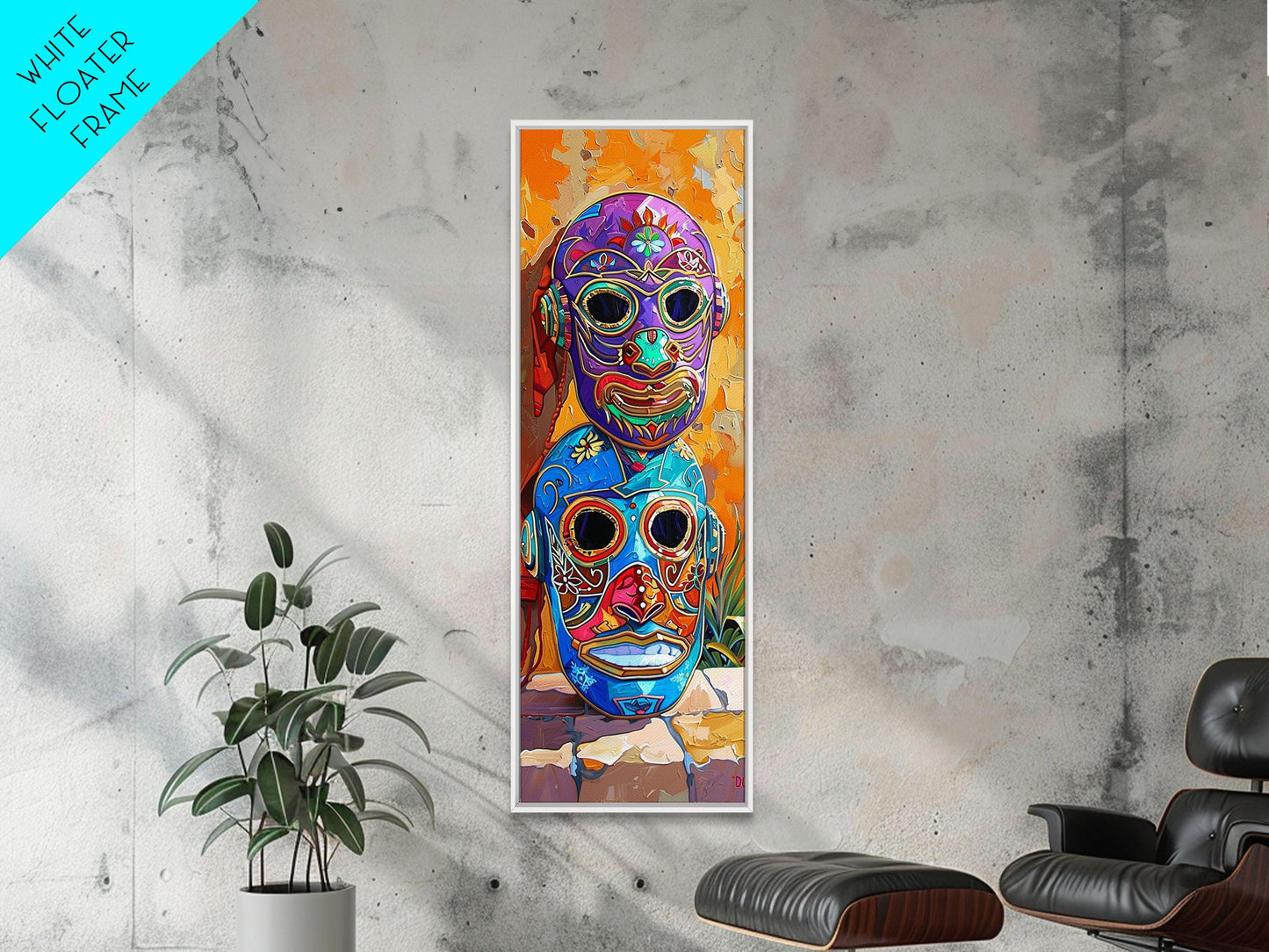 Colorful Tribal Art Painting Framed on Canvas, Spanish Style Canvas Painting, Vertical Framed Art for Living Room, Modern Canvas Art