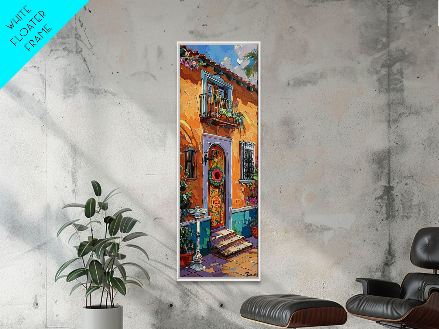 Spanish Inspired Acrylic Painting Framed and Printed on Canvas, Long and Narrow Vertical Art, Colorful Botanical Wall Art for Living Room