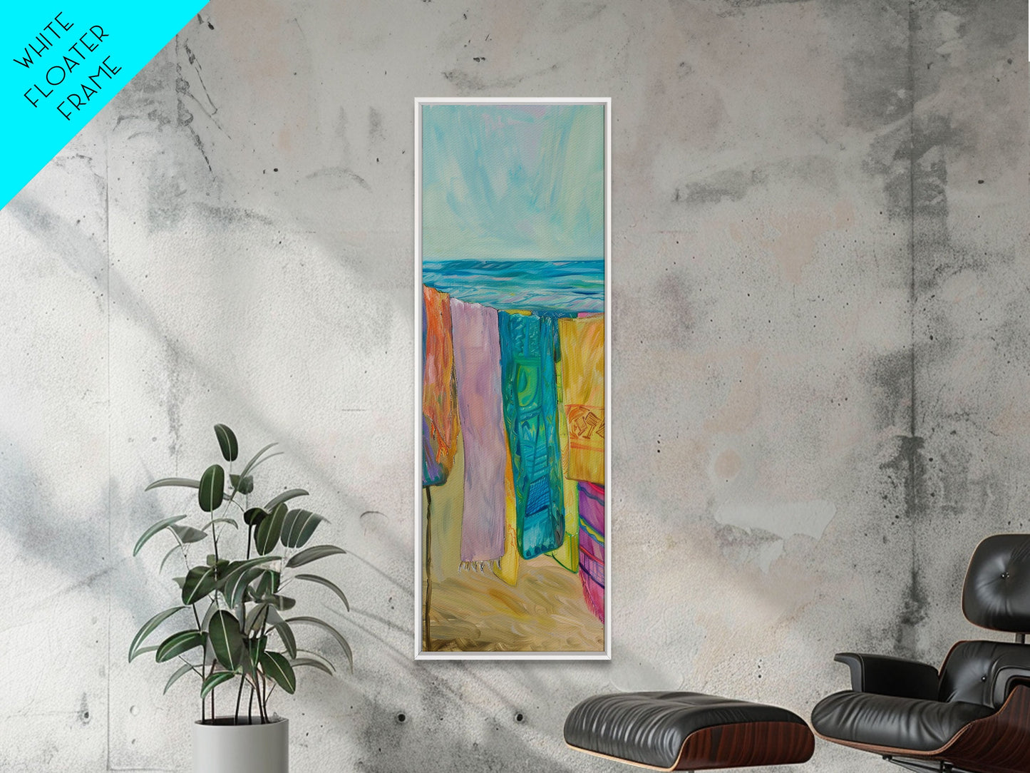 Colorful Laundry on Beach Landscape Art Print, Vertical Oversized Living Room Canvas Print Framed, Framed Wall Art for Laundry Room