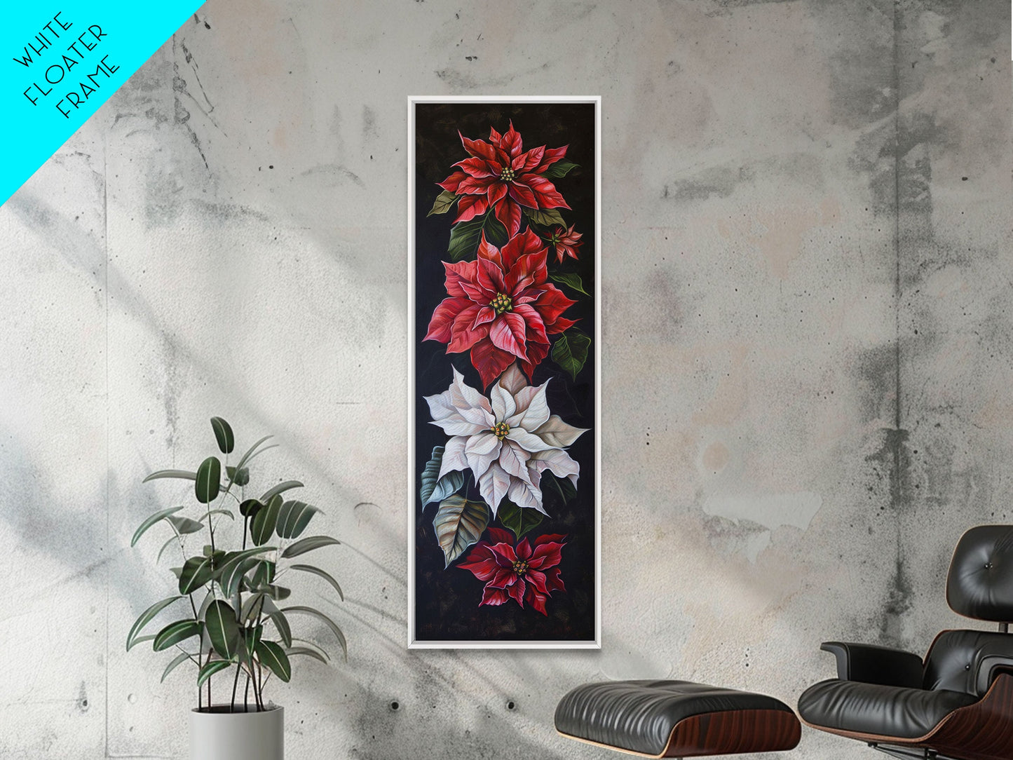 Colorful Botanical Poinsettia Canvas Art Printed and Framed, Vertical Tall and Narrow Floral Art Print, Modern Wall Art, Housewarming Gift