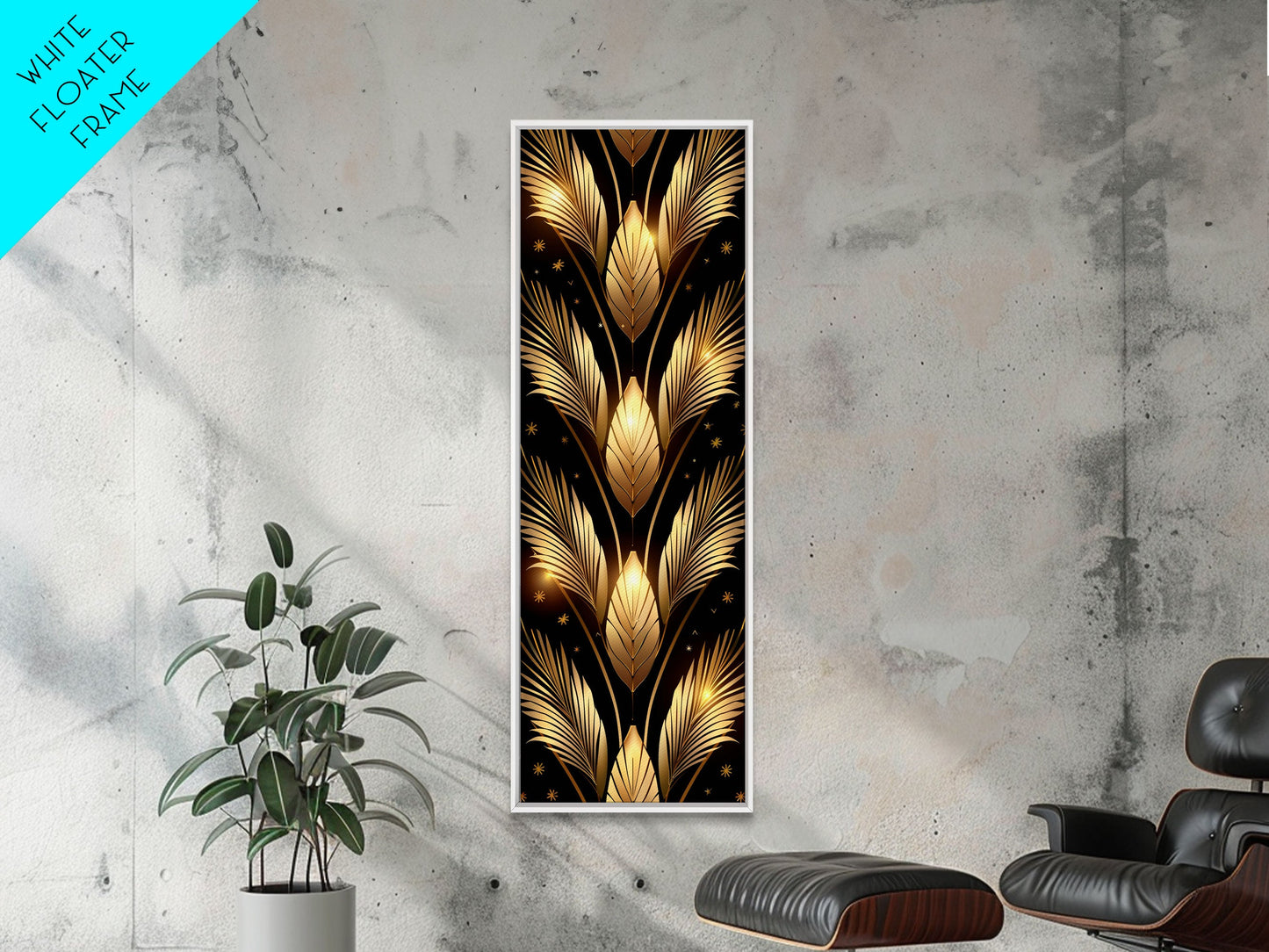 Gold Leaf Pattern on Black Background - Framed Canvas Print, Midcentury Modern Art, Skinny Art, Tall Art, Living Room Wall Decor, Minimalist Art