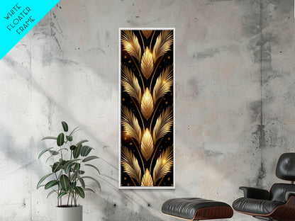 Gold Leaf Pattern on Black Background - Framed Canvas Print, Midcentury Modern Art, Skinny Art, Tall Art, Living Room Wall Decor, Minimalist Art