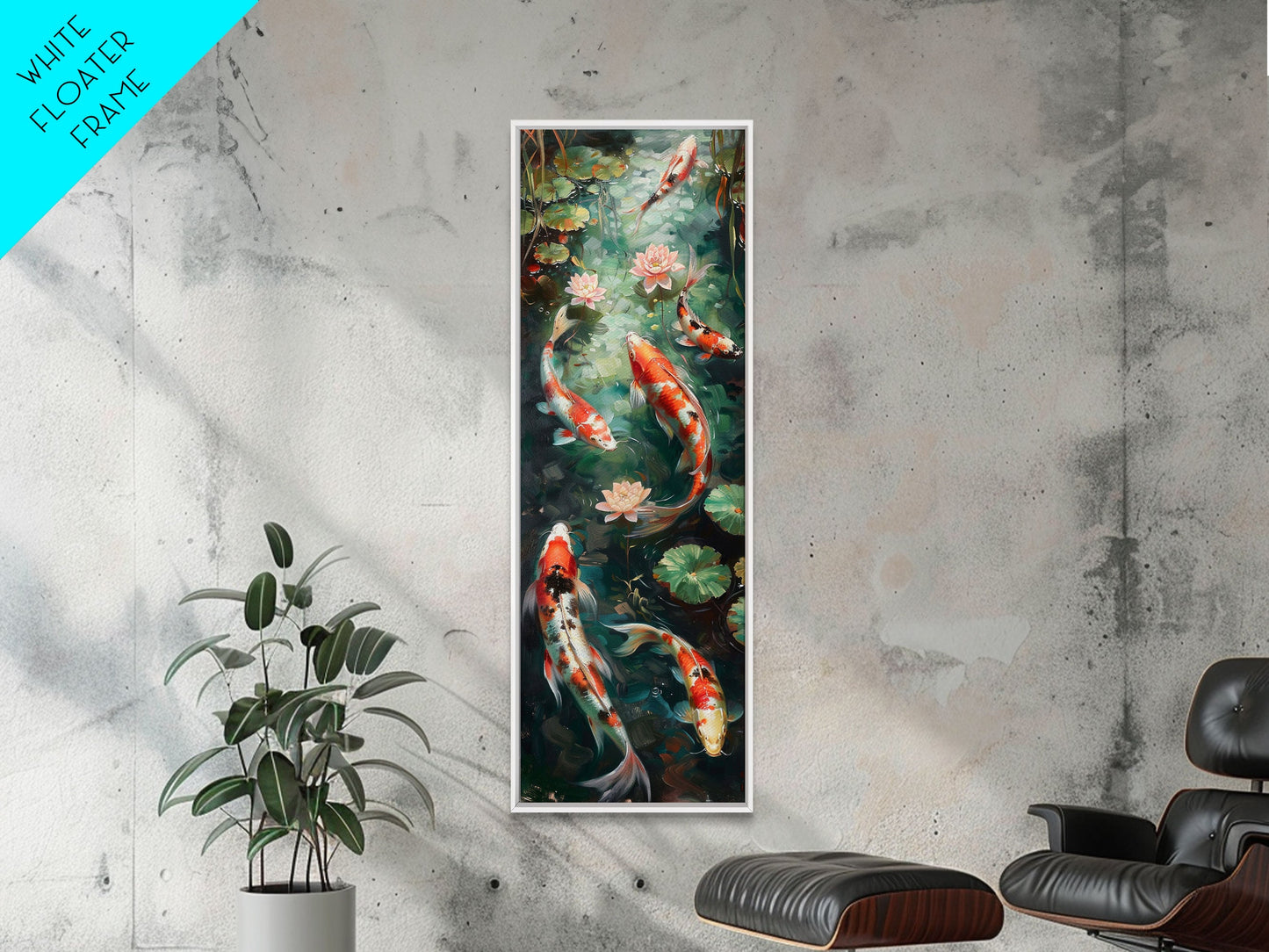 Mystic Forest Pond Koi Fish Boho Farmhouse Wall Art Framed Canvas Print Tall Art Japanese Style Art