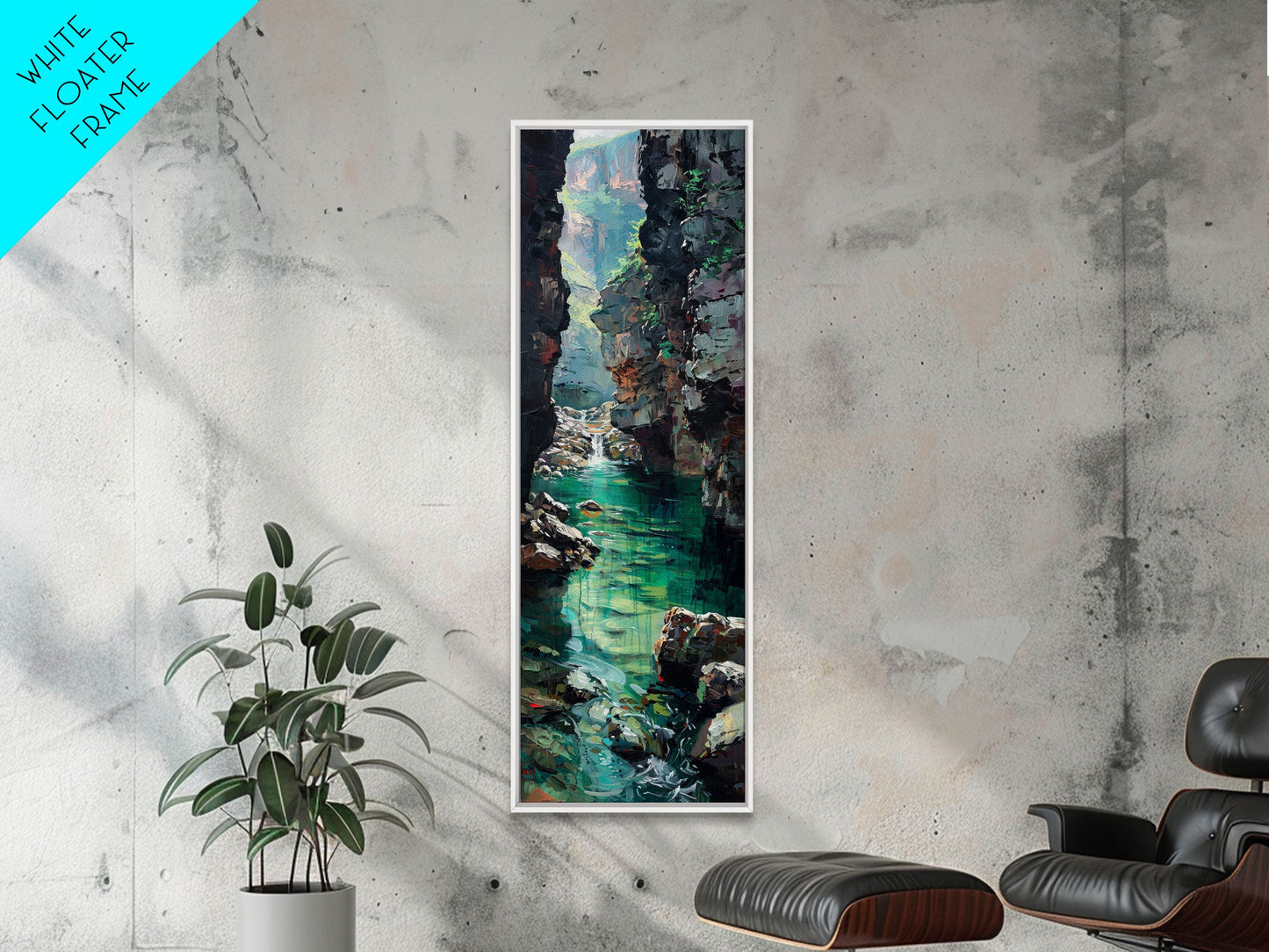 Serene Mountain River Gorge Scene Skinny Art Framed Canvas Print For Living Room Or Bedroom Wall Decor