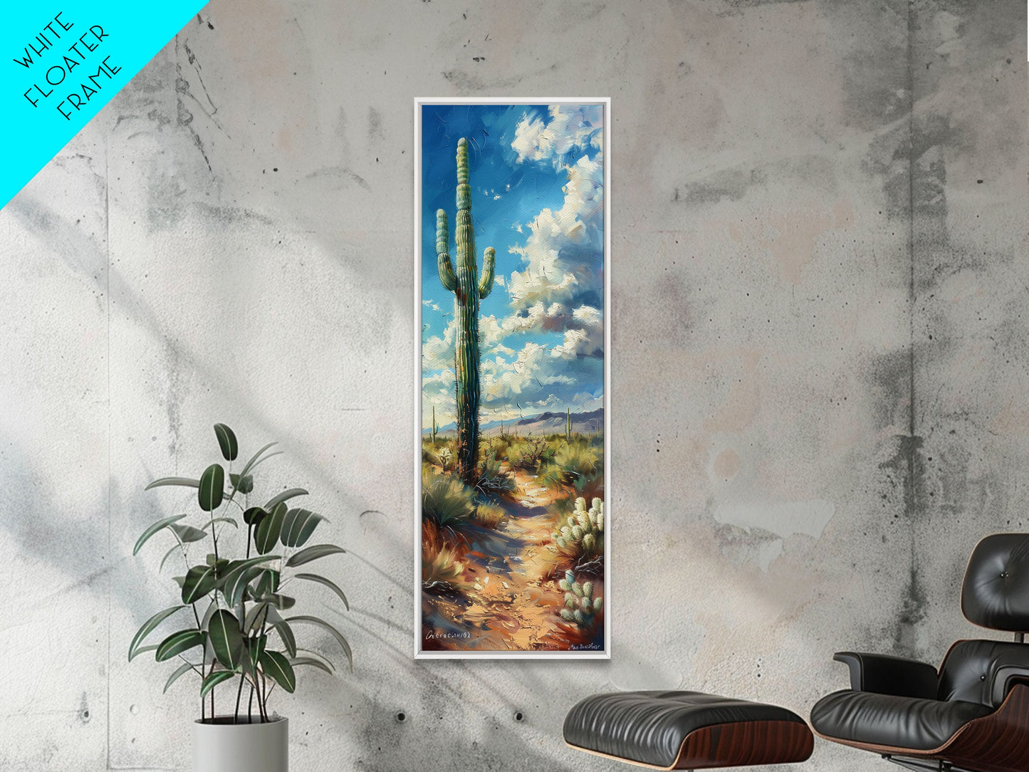 Iconic Saguaro Cactus in a Desert Landscape Under a Bright Blue Sky on a Framed Canvas Print Tall Art Piece